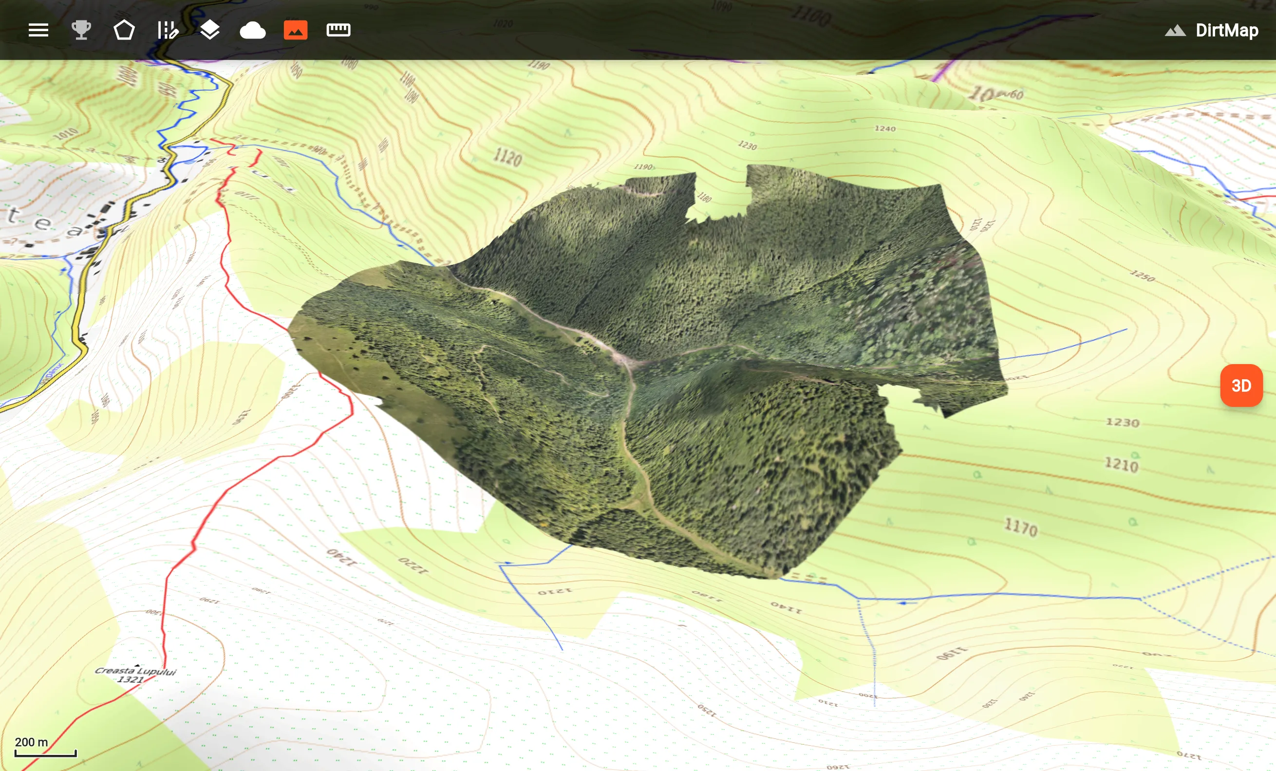 The same survey draped over 3D terrain